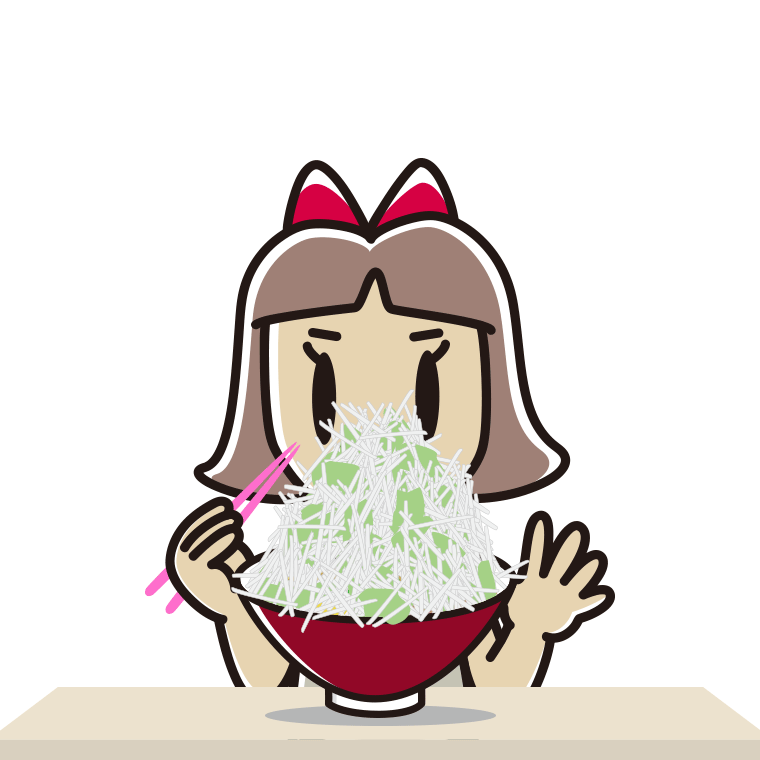 大盛（マシマシ）ラーメンを食べる小学生女子のイラスト【色あり、背景なし】透過PNG