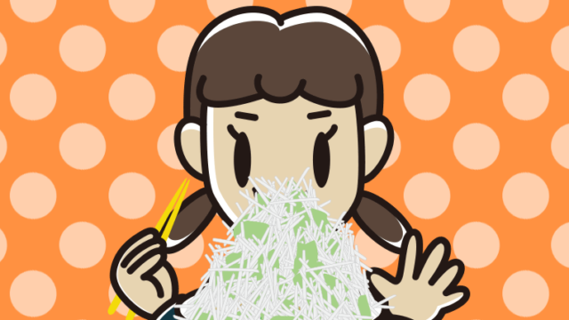 大盛（マシマシ）ラーメンを食べる女子中学生のイラスト【色、背景あり】PNG