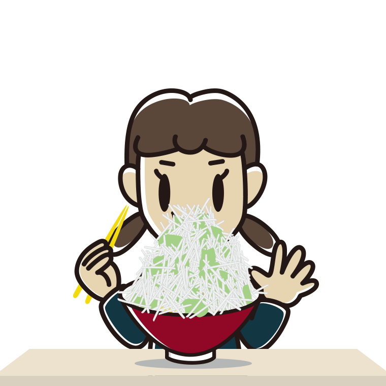大盛（マシマシ）ラーメンを食べる女子中学生のイラスト【色あり、背景なし】透過PNG