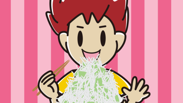 大盛（マシマシ）ラーメンを食べる男子大学生のイラスト【色、背景あり】PNG