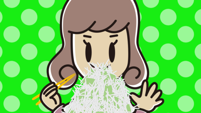 大盛（マシマシ）ラーメンを食べる女子大学生のイラスト【色、背景あり】PNG