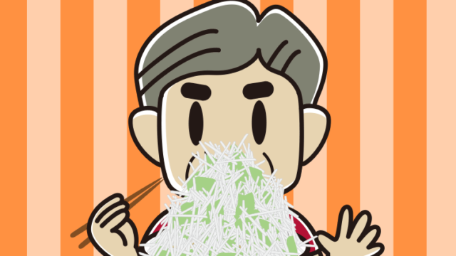 大盛（マシマシ）ラーメンを食べるおじさんのイラスト【色、背景あり】PNG