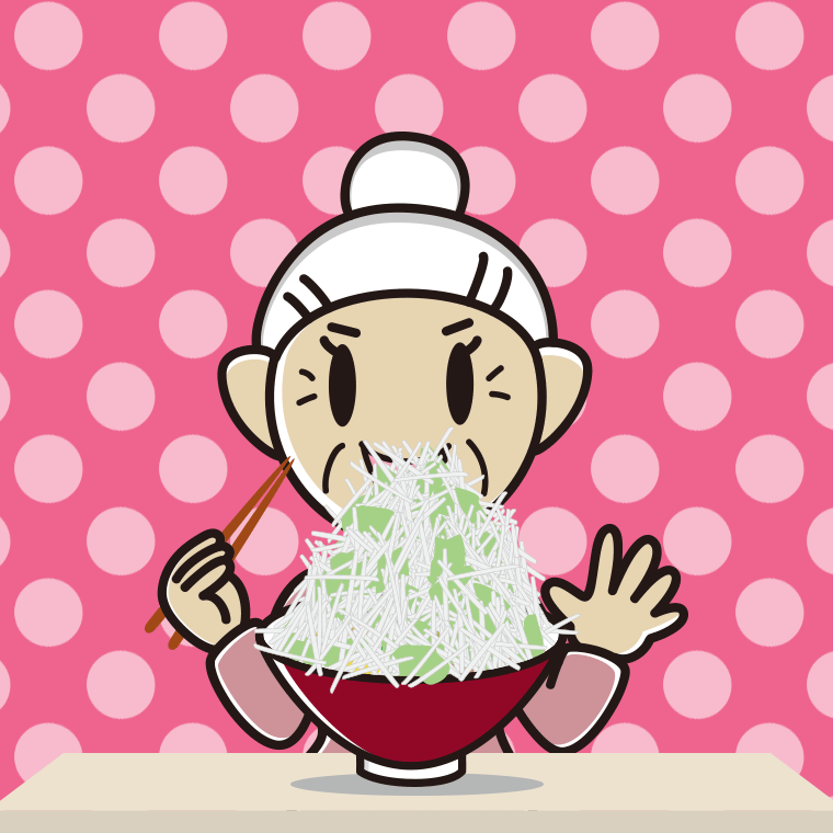 大盛（マシマシ）ラーメンを食べるおばあさんのイラスト【色、背景あり】PNG
