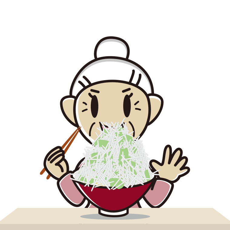 大盛（マシマシ）ラーメンを食べるおばあさんのイラスト【色あり、背景なし】透過PNG