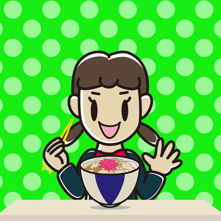 牛丼を食べる女子中学生のイラスト【色、背景あり】PNG