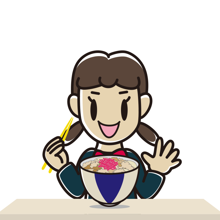 牛丼を食べる女子中学生のイラスト【色あり、背景なし】透過PNG