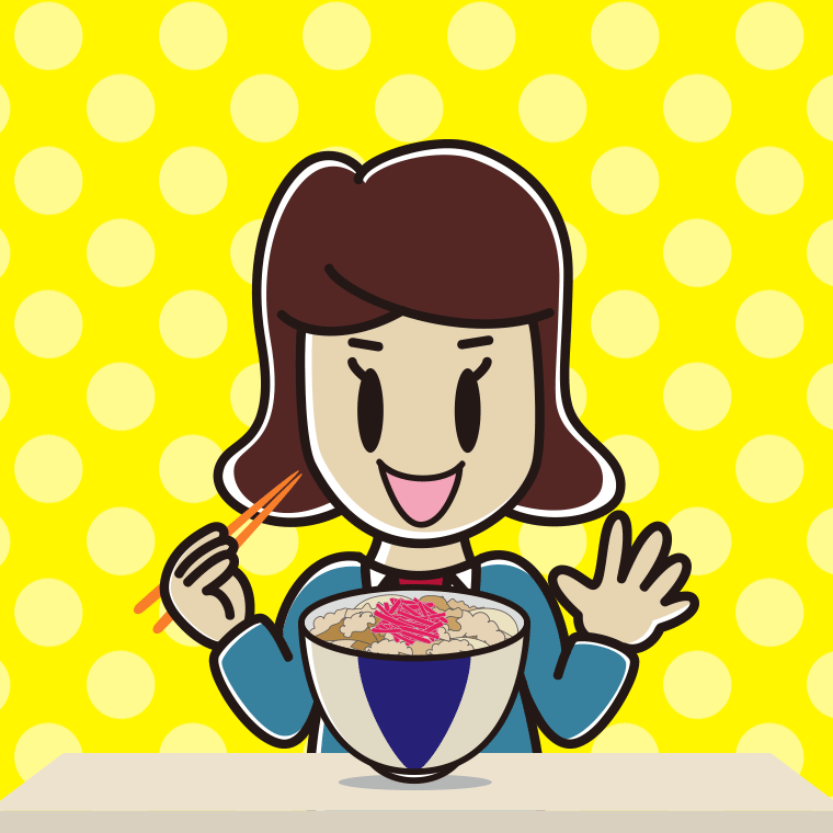 牛丼を食べる女子高校生のイラスト【色、背景あり】PNG