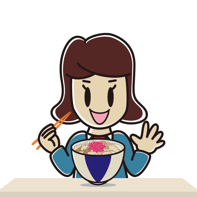 牛丼を食べる女子高校生のイラスト【色あり、背景なし】透過PNG