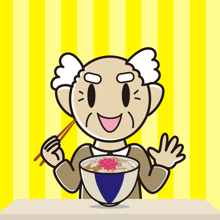 牛丼を食べるおじいさんのイラスト【色、背景あり】PNG