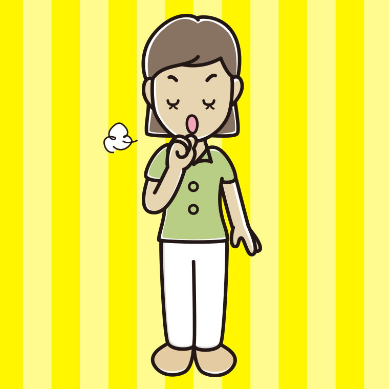 咳払いする女性会社員（クールビズ）のイラスト【色、背景あり】PNG