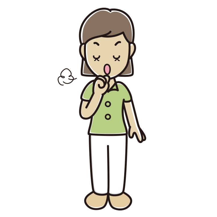 咳払いする女性会社員（クールビズ）のイラスト【色あり、背景なし】透過PNG