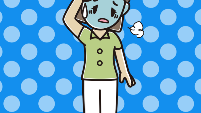 具合が悪い女性会社員（クールビズ）のイラスト【色、背景あり】PNG