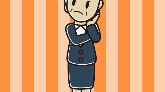 考える年配女性会社員のイラスト【色、背景あり】PNG