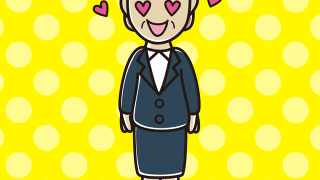 目がハートの年配女性会社員のイラスト【色、背景あり】PNG