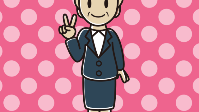 ピースをする年配女性会社員のイラスト【色、背景あり】PNG