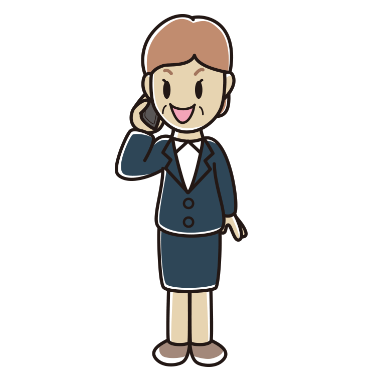 スマホで電話する年配女性会社員のイラスト【色あり、背景なし】透過PNG
