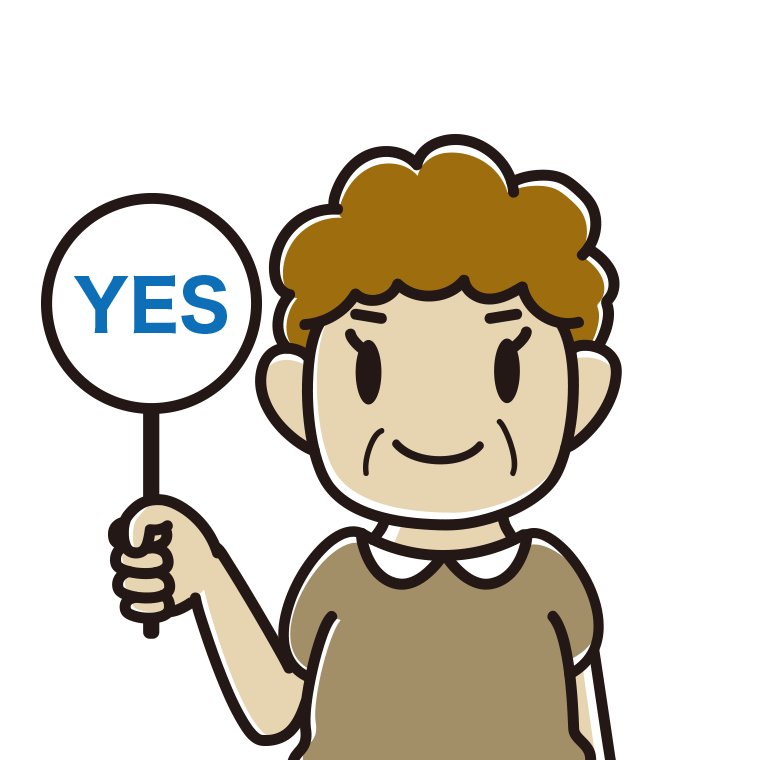 YESの札を持つおばさんのイラスト【色あり、背景なし】透過PNG