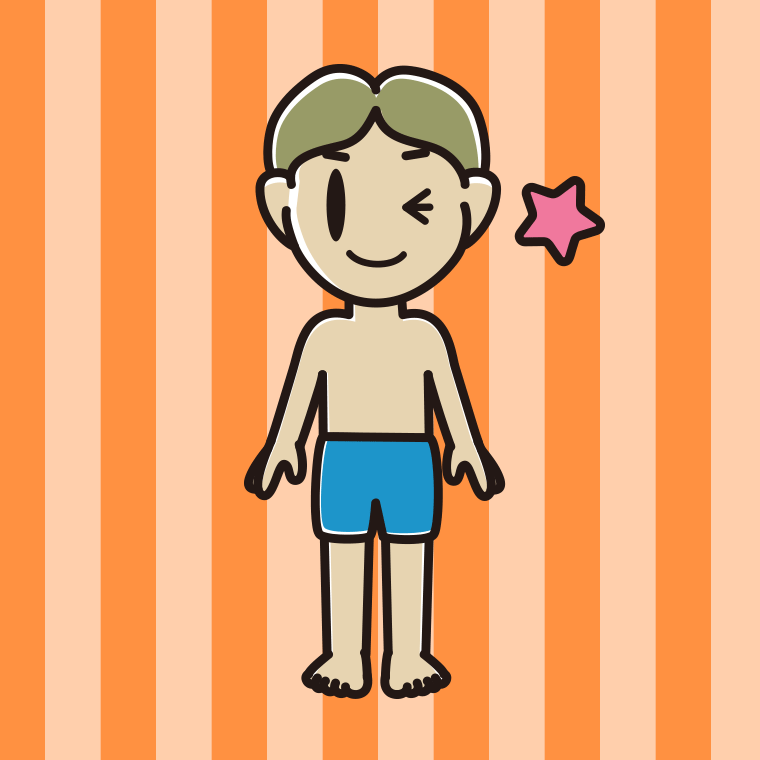 ウインクする水着の小学生男子のイラスト【色、背景あり】PNG