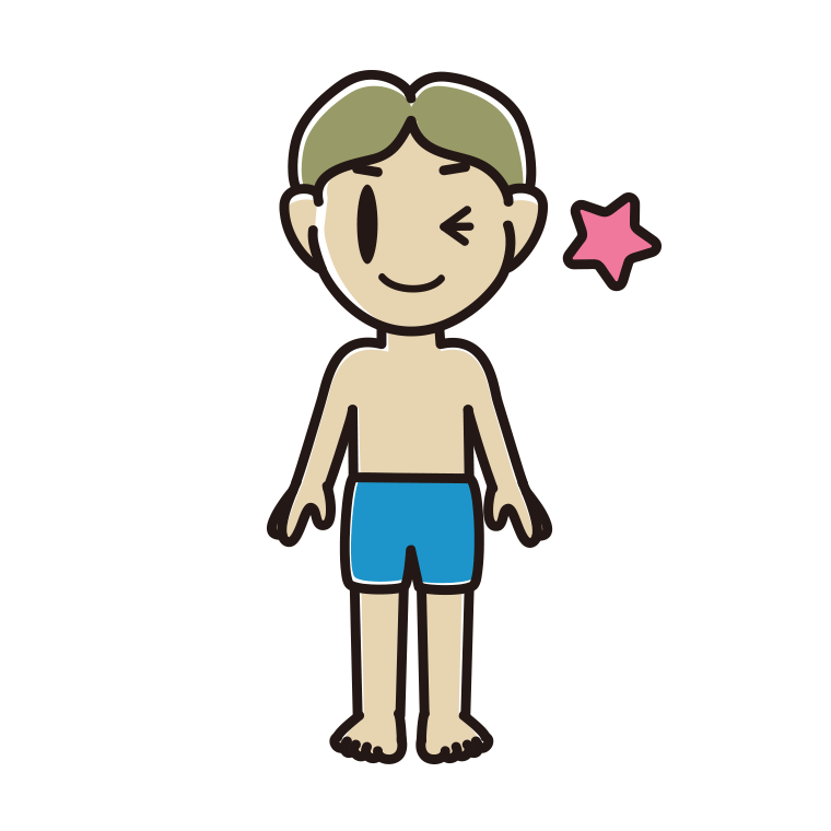 ウインクする水着の小学生男子のイラスト【色あり、背景なし】透過PNG