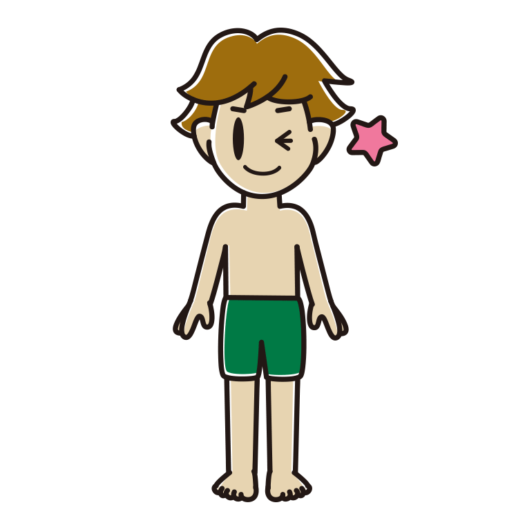 ウインクする水着の男子高校生のイラスト【色あり、背景なし】透過PNG