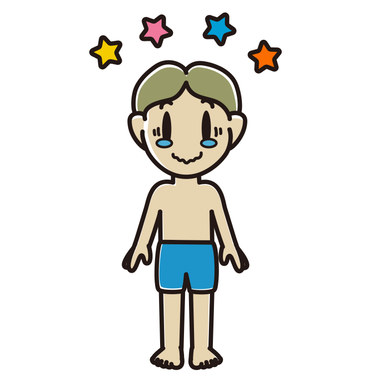 ジーンとする水着の小学生男子のイラスト【色あり、背景なし】透過PNG