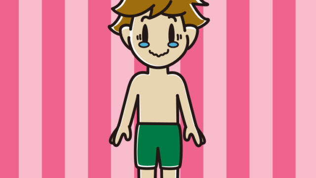 ジーンとする水着の男子高校生のイラスト【色、背景あり】PNG