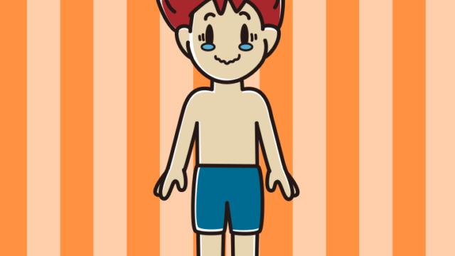 ジーンとする水着の男子大学生のイラスト【色、背景あり】PNG