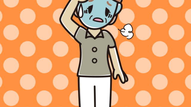 具合が悪い年配女性会社員（クールビズ）のイラスト【色、背景あり】PNG