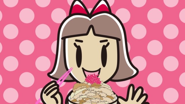 大盛牛丼を食べる小学生女子のイラスト【色、背景あり】PNG