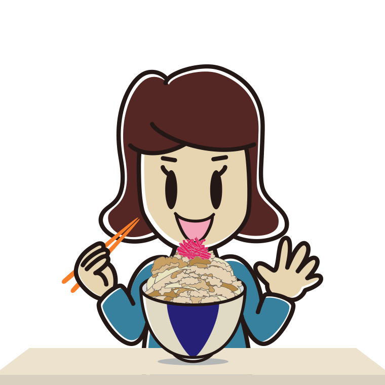 大盛牛丼を食べる女子高校生のイラスト【色あり、背景なし】透過PNG