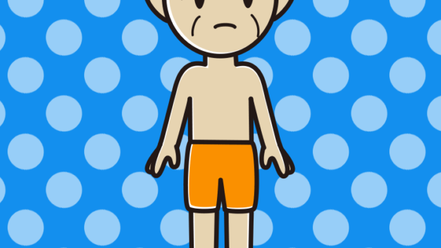 何かに気付く水着のおじいさんのイラスト【色、背景あり】PNG