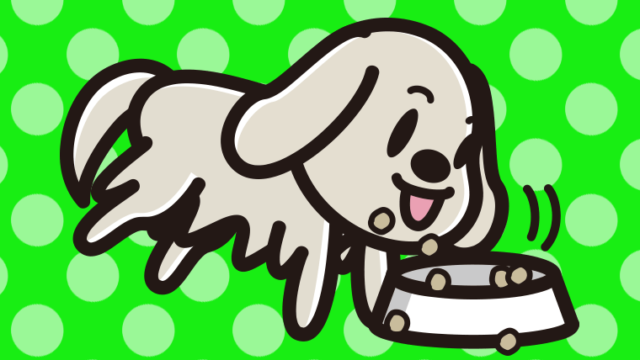 ごはんをモリモリ食べるゴールデンレトリバーちゃん（犬）のイラスト【色、背景あり】PNG