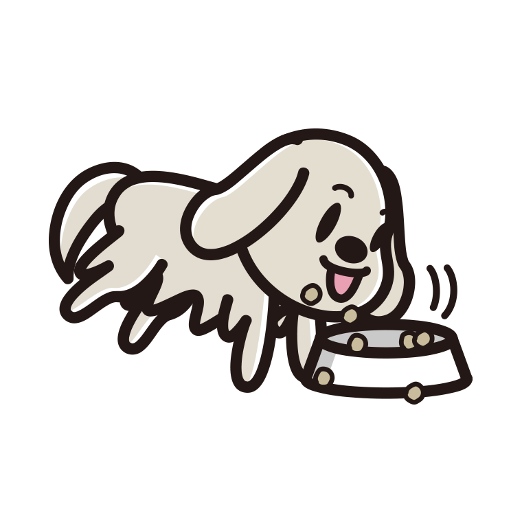 ごはんをモリモリ食べるゴールデンレトリバーちゃん（犬）のイラスト【色あり、背景なし】透過PNG