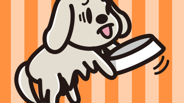 ごはんをもっと食べたいゴールデンレトリバーちゃん（犬）のイラスト【色、背景あり】PNG