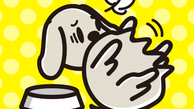 ごはんを食べて満腹なゴールデンレトリバーちゃん（犬）のイラスト【色、背景あり】PNG