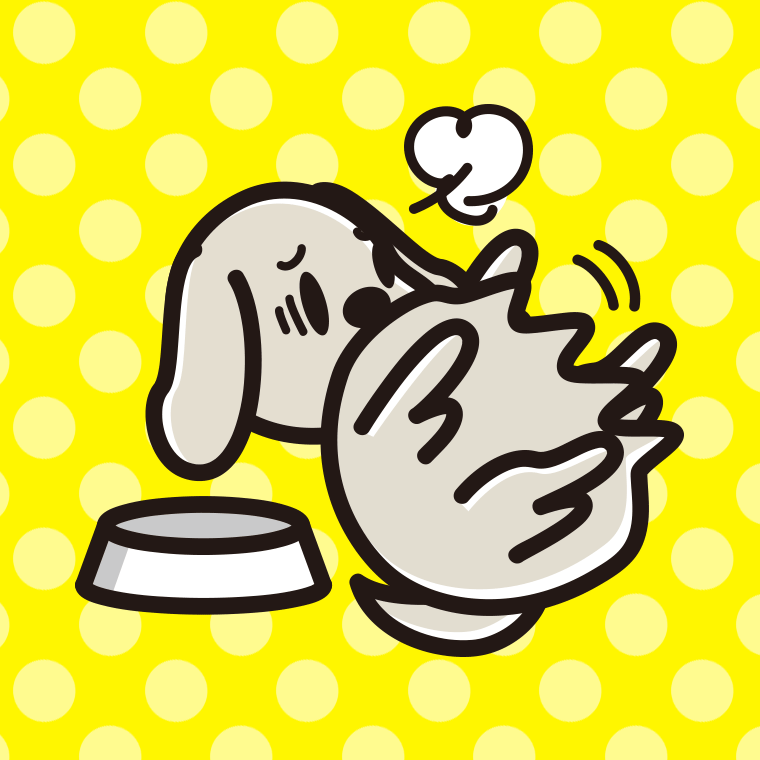 ごはんを食べて満腹なゴールデンレトリバーちゃん（犬）のイラスト【色、背景あり】PNG