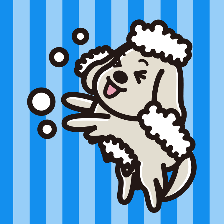 体を洗うゴールデンレトリバーちゃん（犬）のイラスト【色、背景あり】PNG