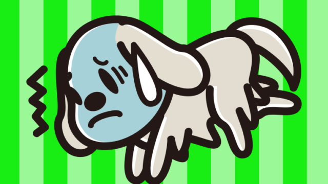 具合が悪いゴールデンレトリバーちゃん（犬）のイラスト【色、背景あり】PNG