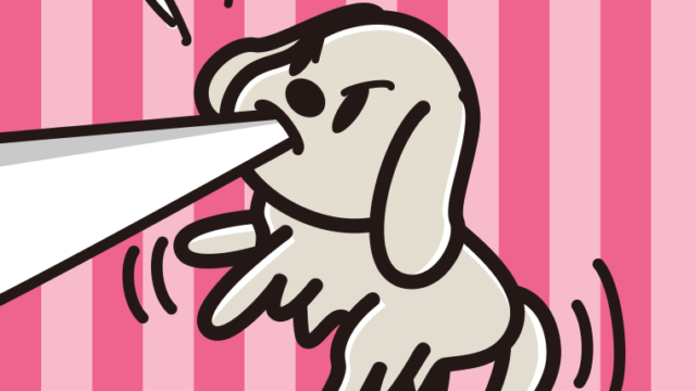 くわえて引っ張るゴールデンレトリバーちゃん（犬）のイラスト【色、背景あり】PNG