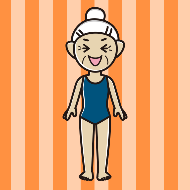 笑うスクール水着のおばあさんのイラスト【色、背景あり】PNG
