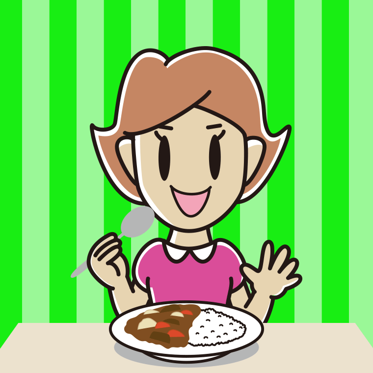 カレーライスを食べる女性のイラスト【色、背景あり】PNG