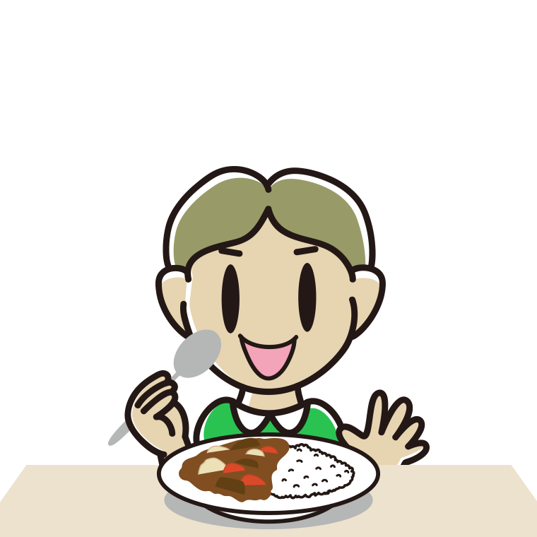 カレーライスを食べる小学生男子のイラスト【色あり、背景なし】透過PNG