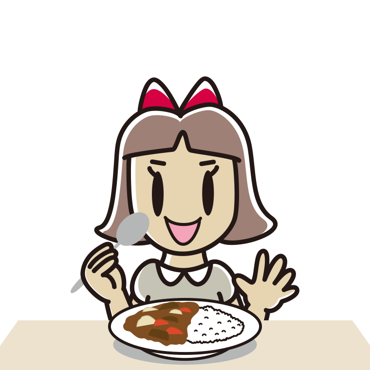 カレーライスを食べる小学生女子のイラスト【色あり、背景なし】透過PNG