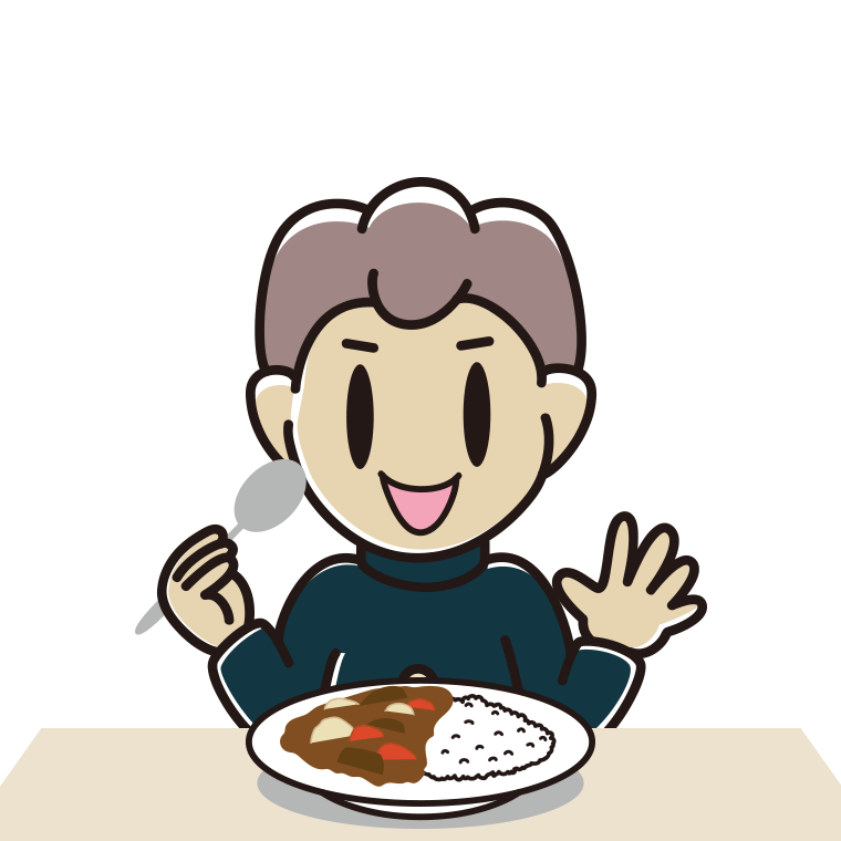 カレーライスを食べる男子中学生のイラスト【色あり、背景なし】透過PNG