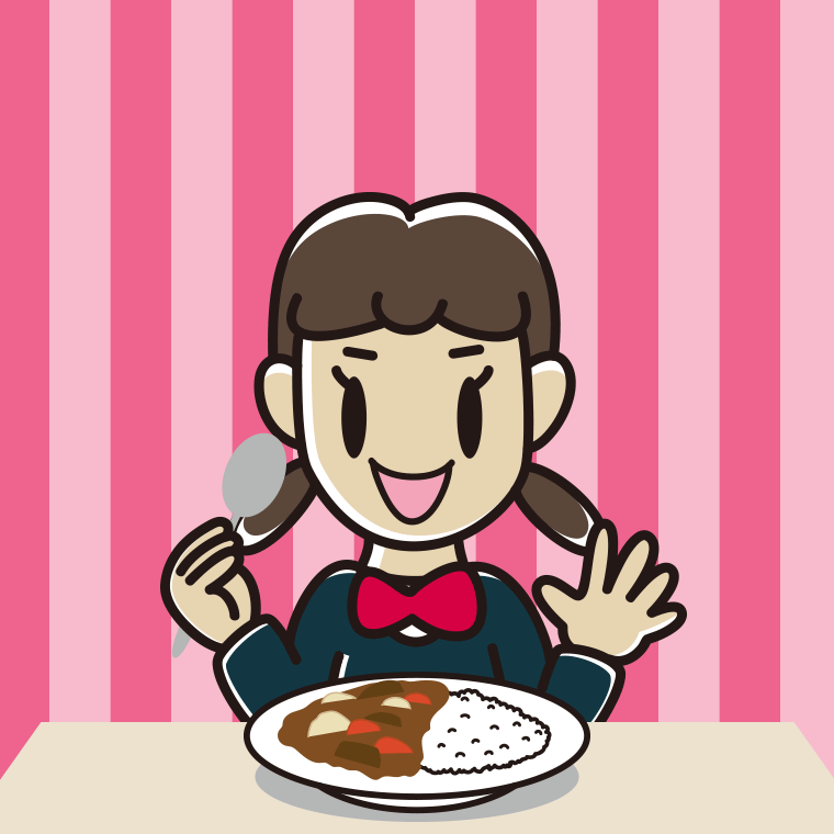 カレーライスを食べる女子中学生のイラスト【色、背景あり】PNG