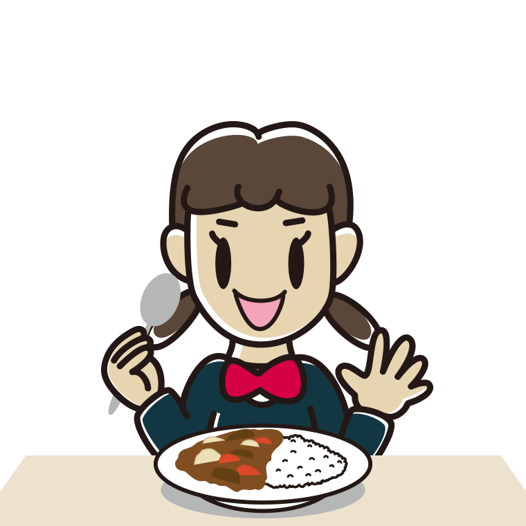 カレーライスを食べる女子中学生のイラスト【色あり、背景なし】透過PNG