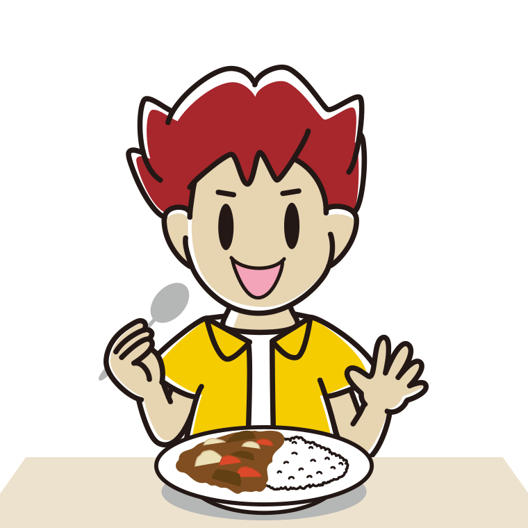 カレーライスを食べる男子大学生のイラスト【色あり、背景なし】透過PNG