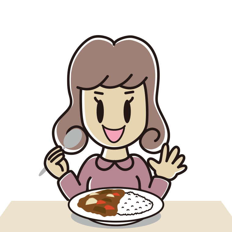 カレーライスを食べる女子大学生のイラスト【色あり、背景なし】透過PNG
