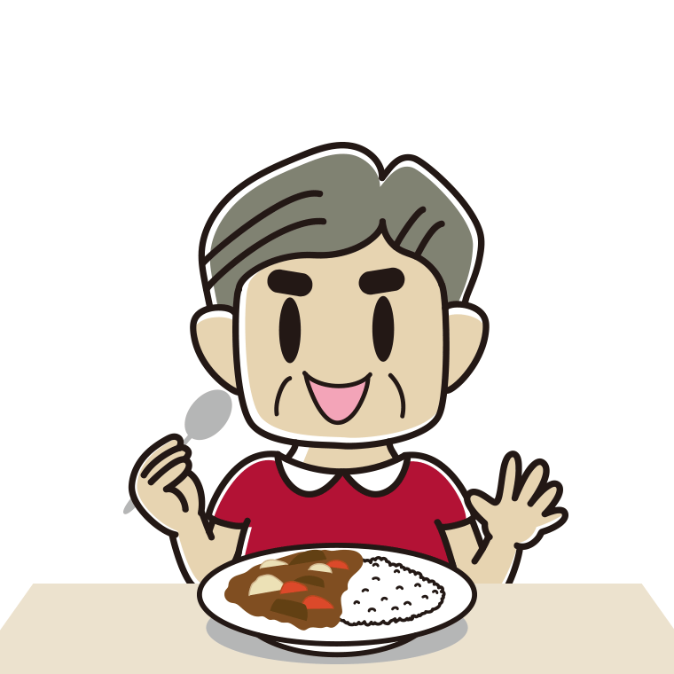 カレーライスを食べるおじさんのイラスト【色あり、背景なし】透過PNG
