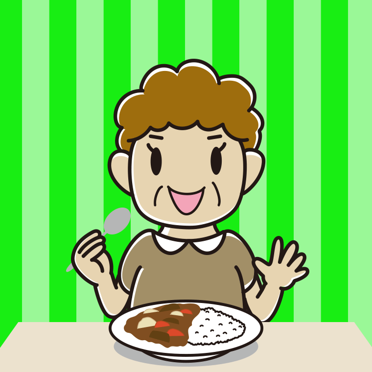 カレーライスを食べるおばさんのイラスト【色、背景あり】PNG